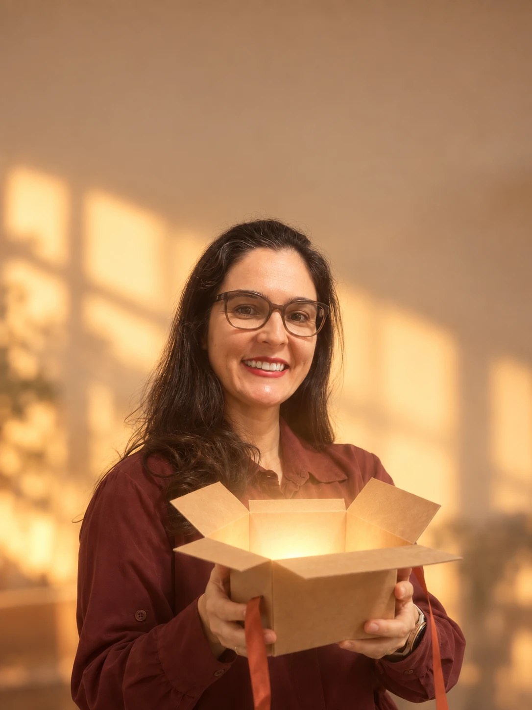 Priscila Melo segurando uma caixa de presente aberta, com luz saindo de dentro